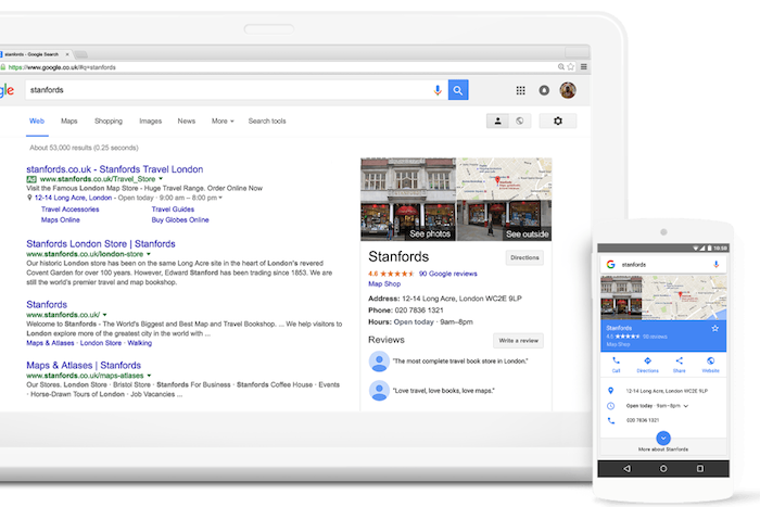 Un esempio di risultati "My business" attraverso la rete di ricerca Google